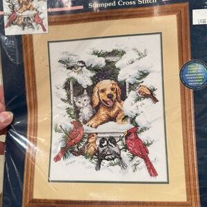 Sunset Stamped Cross Stitch Kit Featuring Golden Retriever and Red Cardinals